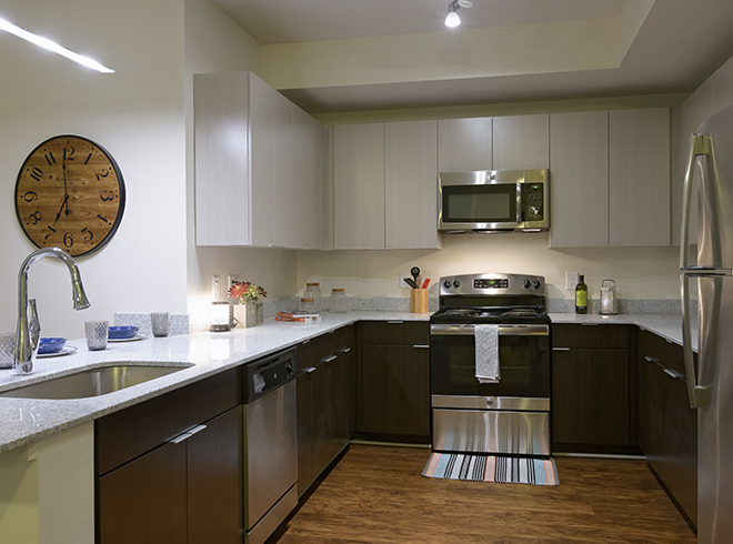Apartment kitchen furnished with stainless steel