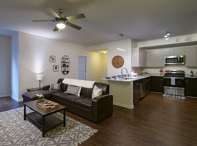 View of apartment living room and kitchen