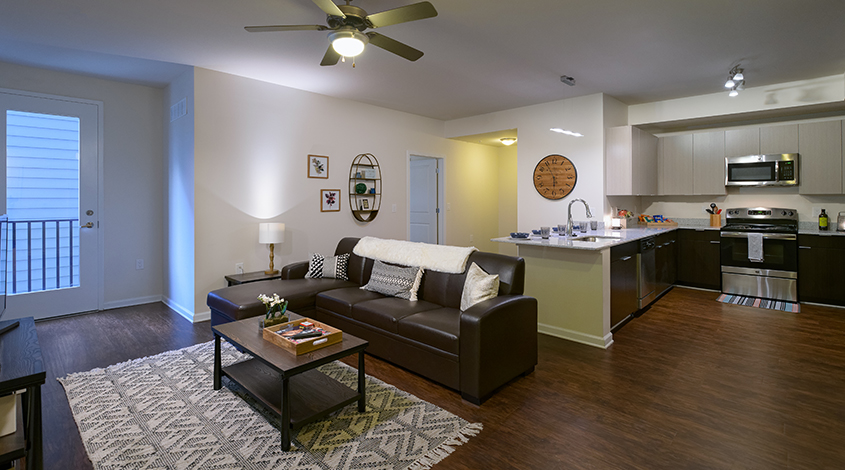 Furnished apartment with an open floor plan