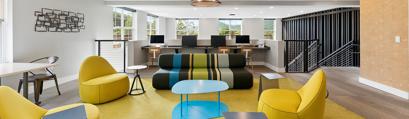 Interior lounge featuring colorful furniture